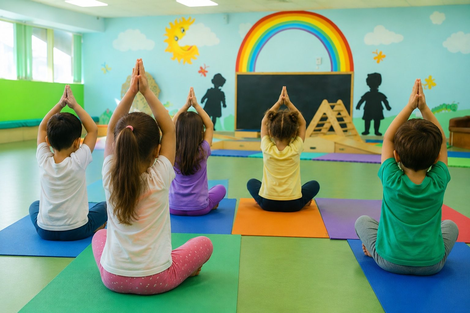 Children in an after-nursery enrichment club, sitting on coloured mats in the indoor hall during a yoga session