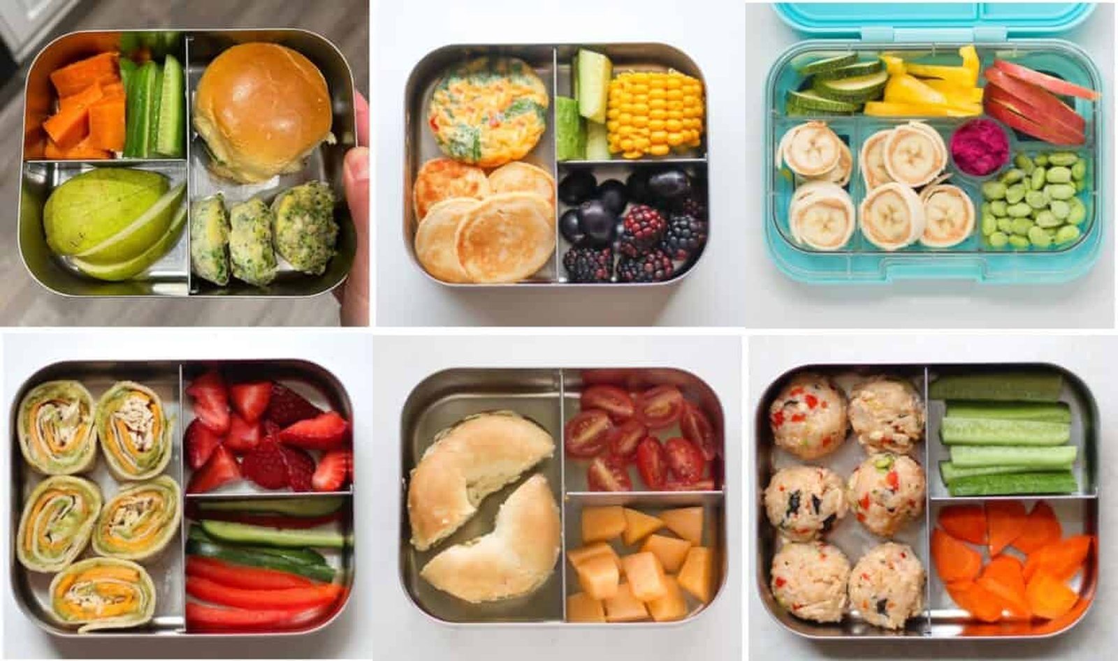 Six packed lunchboxes from Mosaic families, each with vegetables, fruit and a savoury main in separate compartments