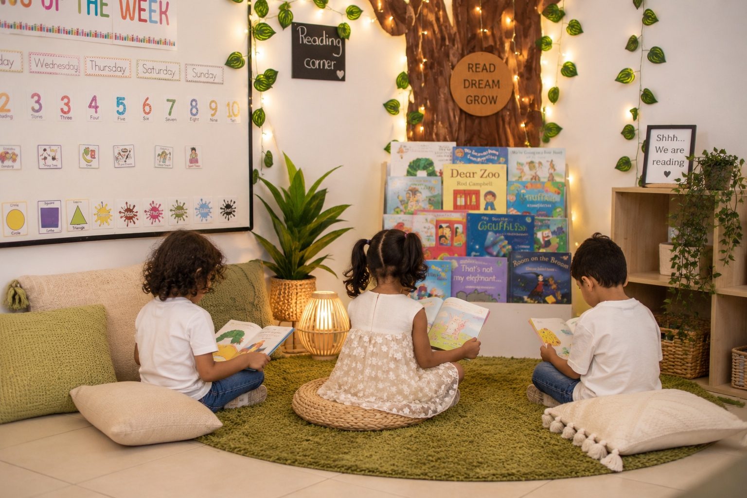 The reading corner, with a round rug, floor cushions and picture books displayed face out