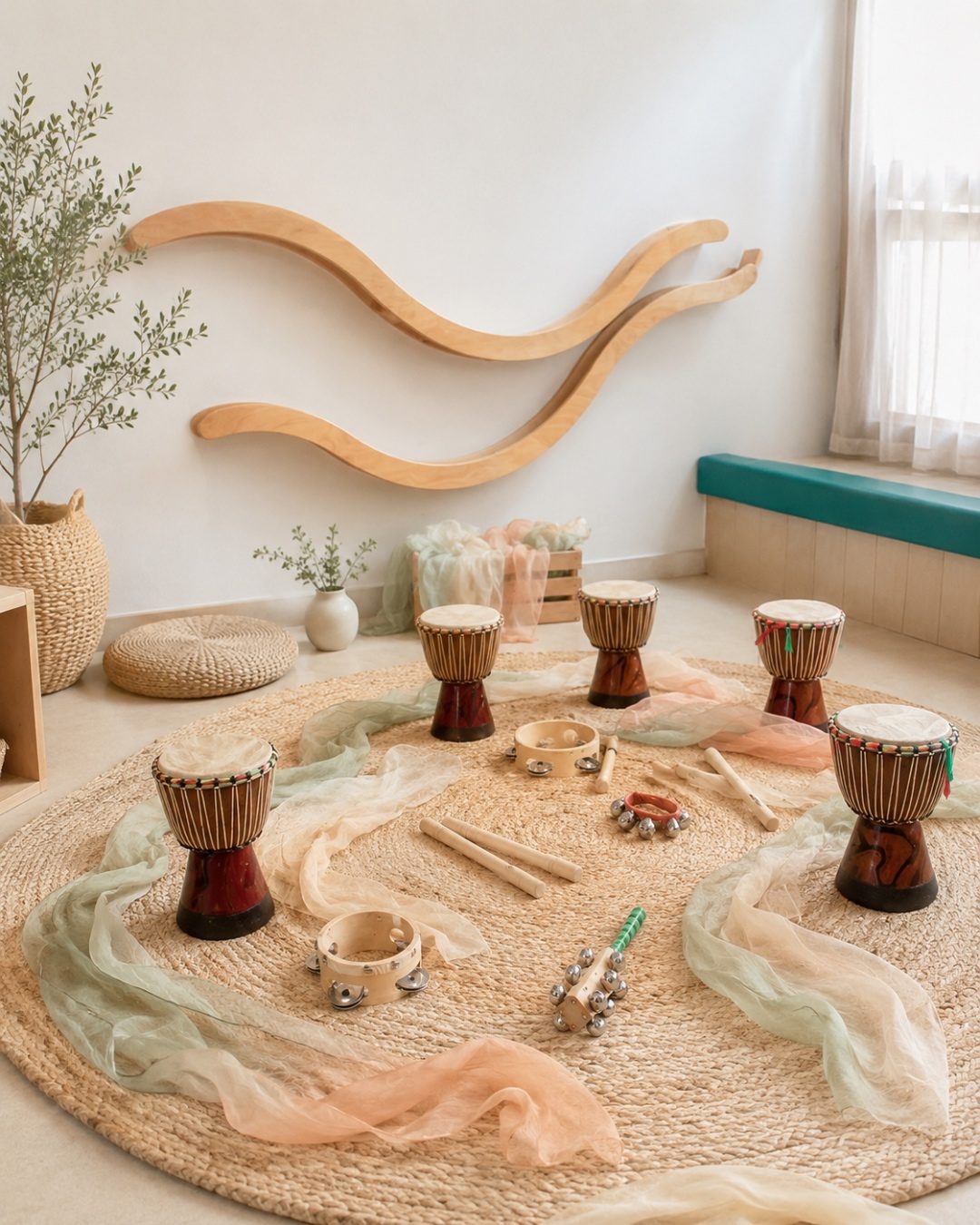 Djembe drums arranged in a circle with a wooden wave xylophone behind them in the music corner