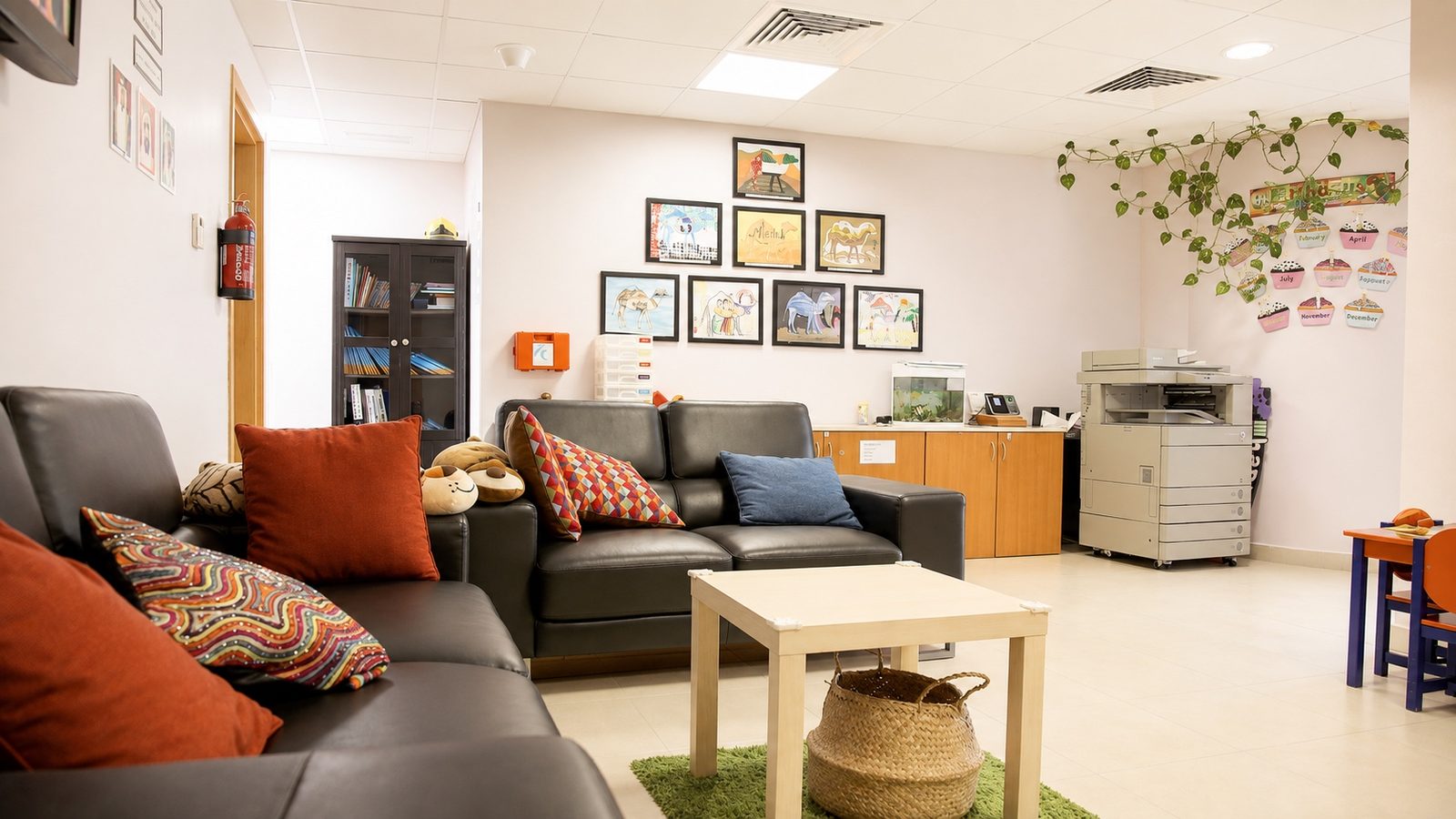 The Mosaic Nursery reception and parent waiting area, with sofas, a low table and framed children's paintings
