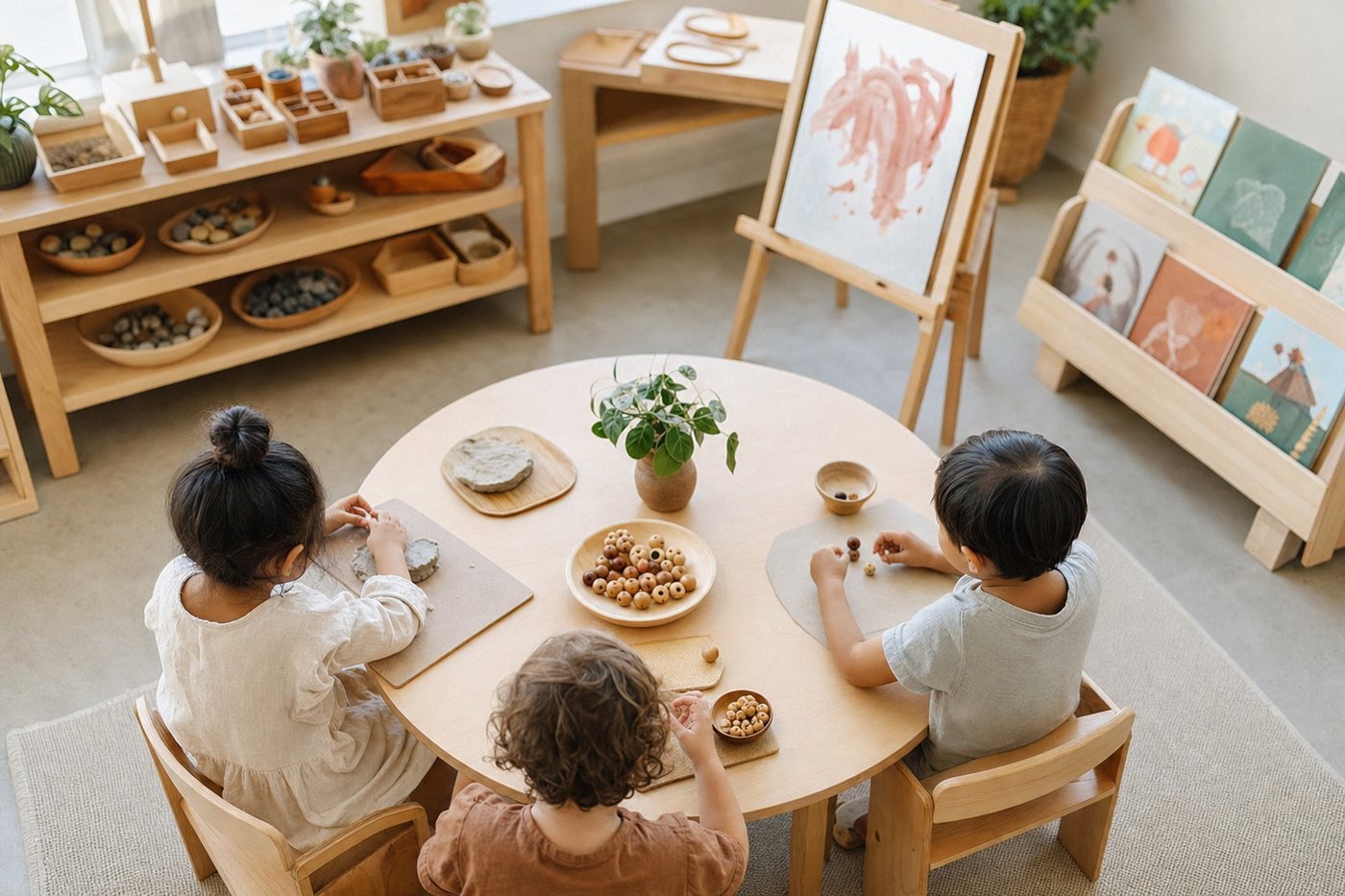 The Preschool room at Mosaic, with an investigation table, block area and easels beside a window