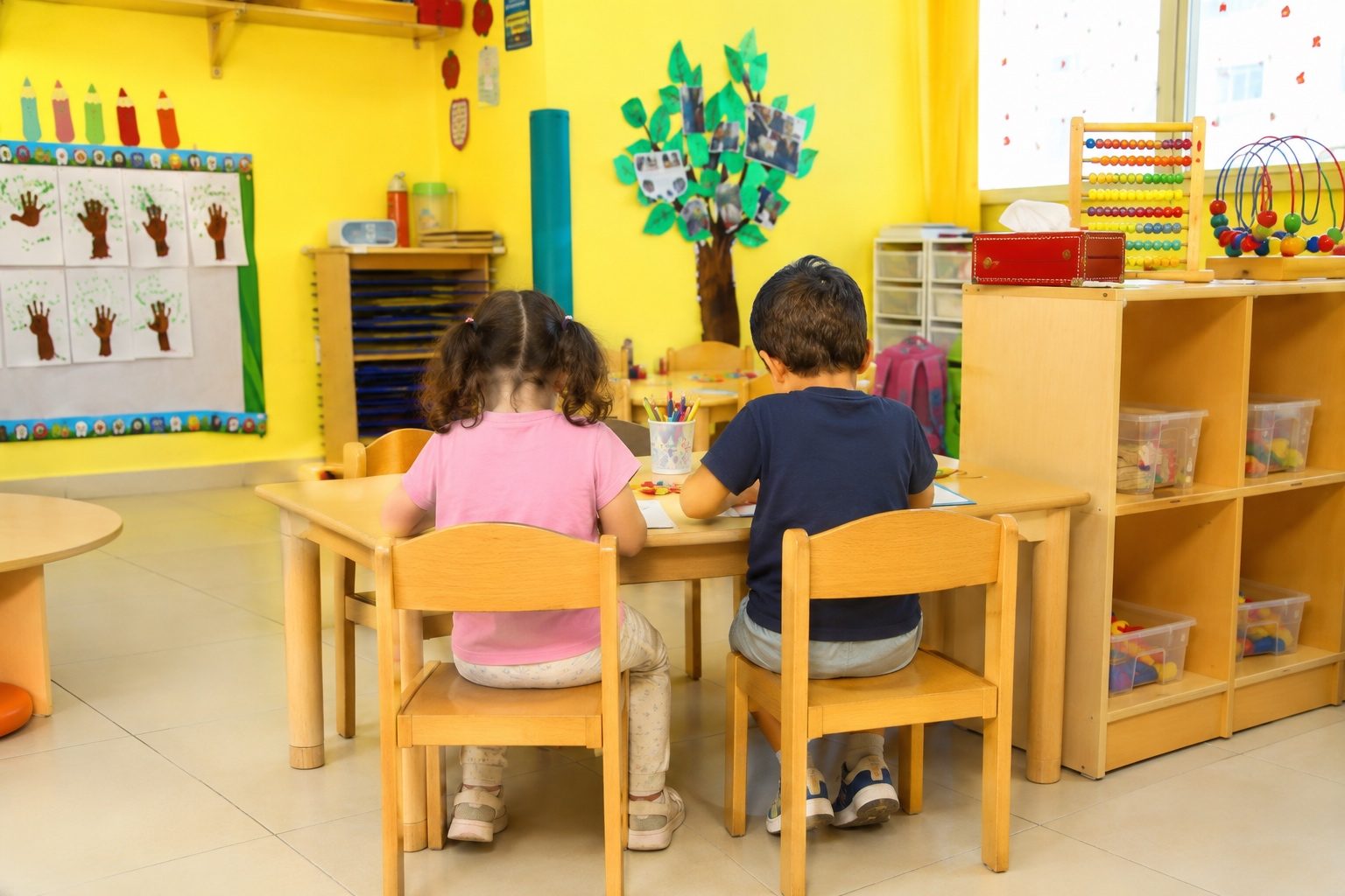 Two children in the School Readiness programme working together at a low wooden table, with resources on open shelving behind them