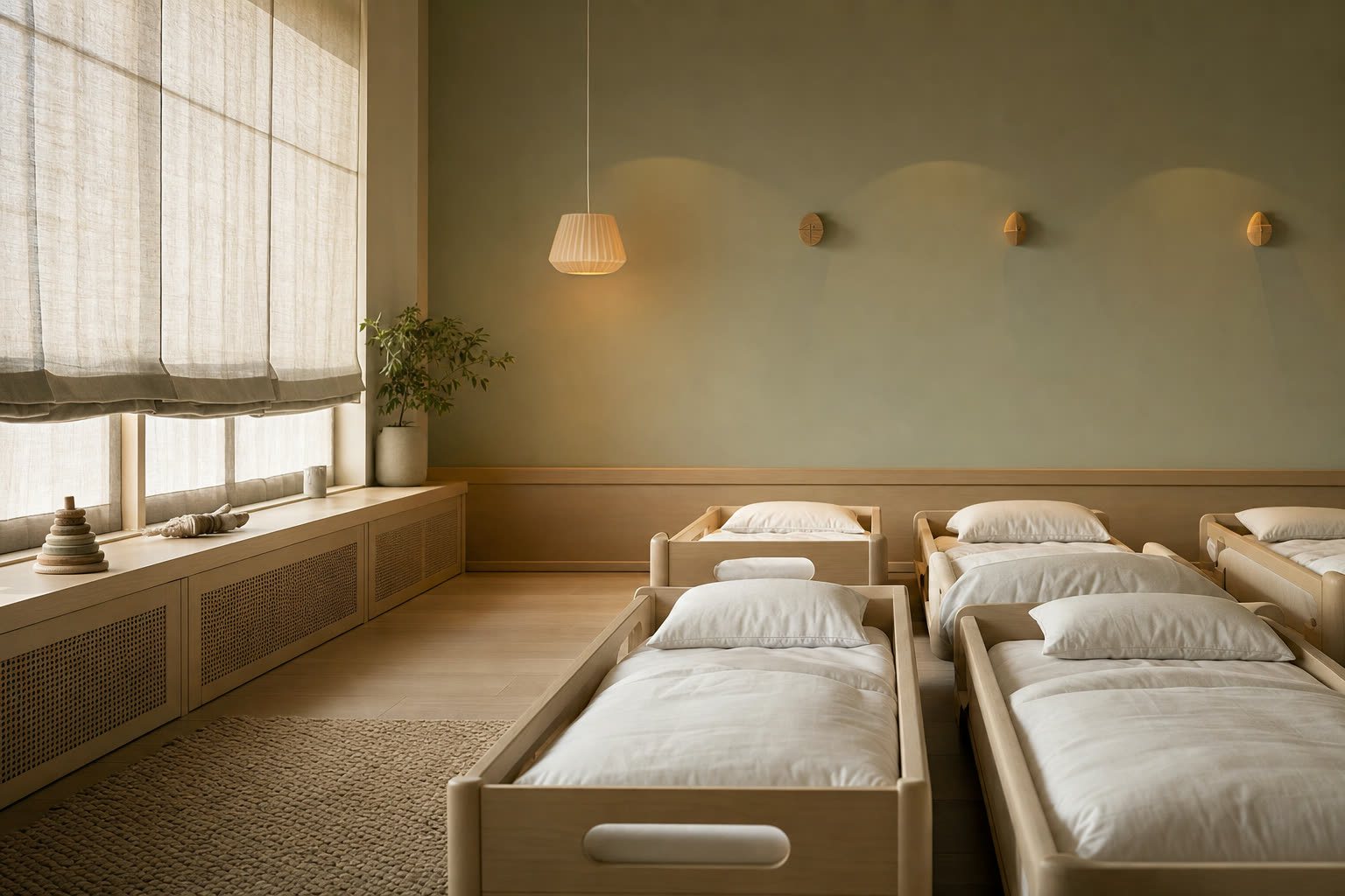 A calm sleep room with low toddler cots, white bedding and dimmed warm light