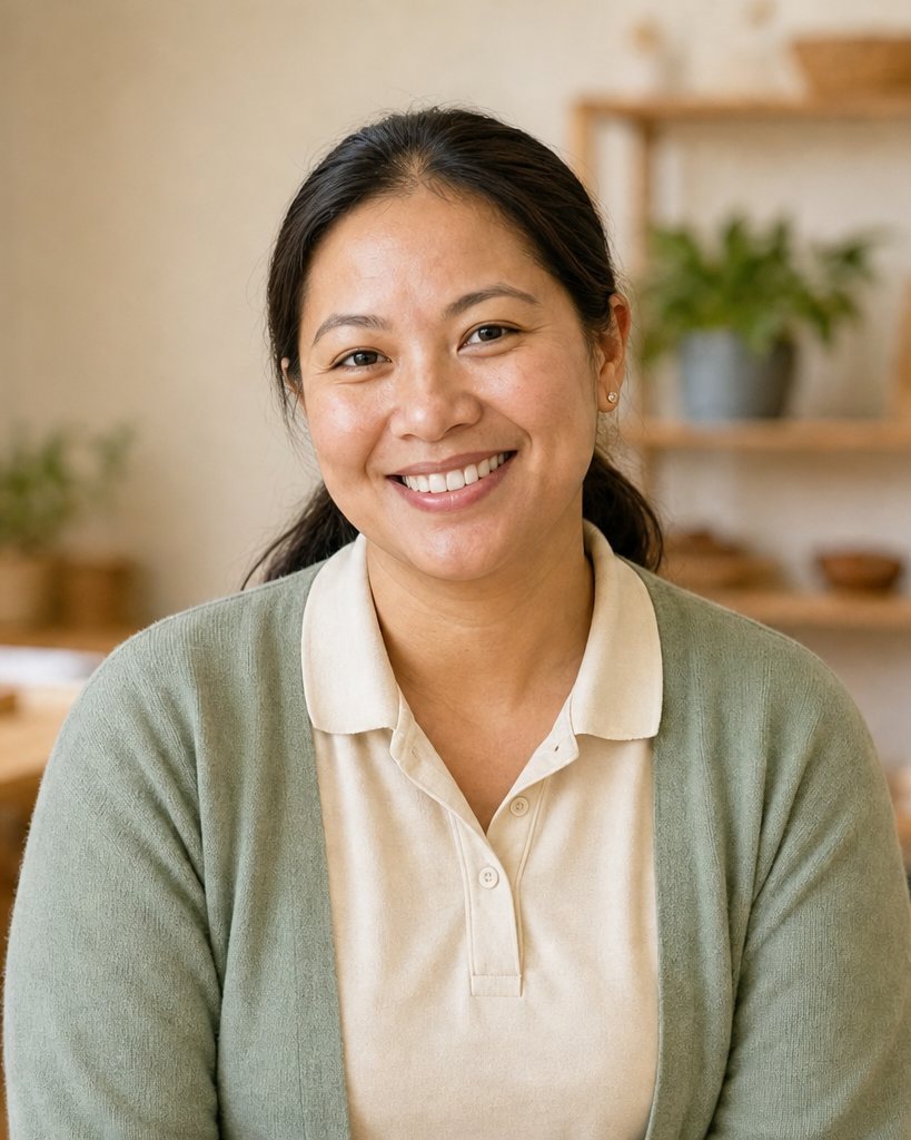 A room leader at Mosaic kneeling beside a construction area
