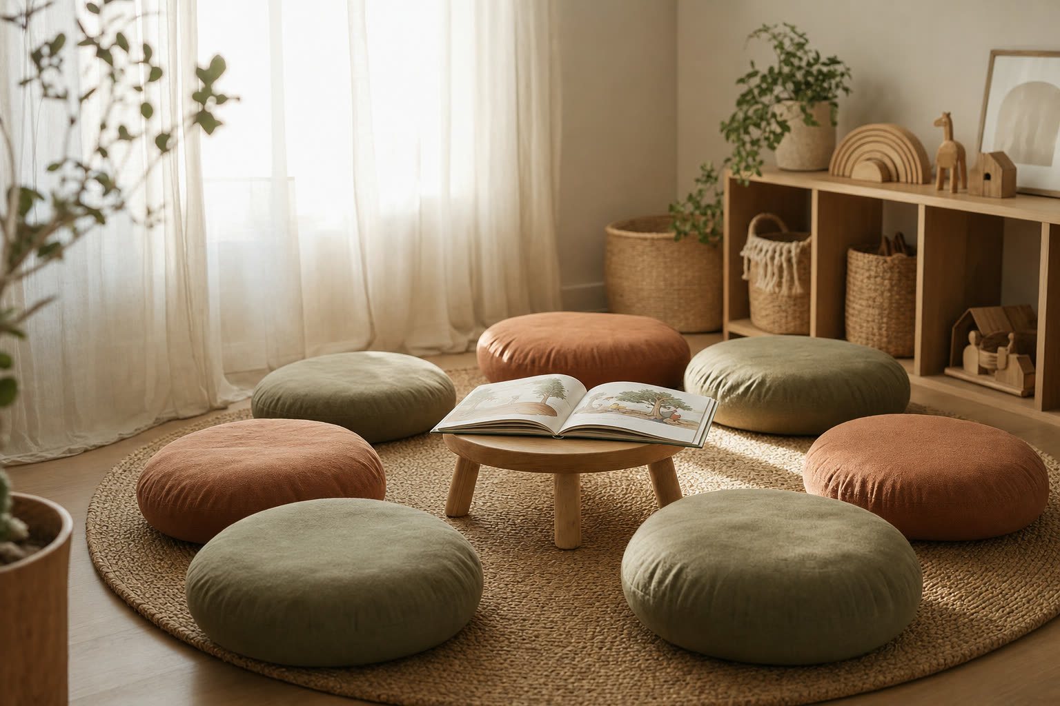 A circle of sage and terracotta floor cushions around a low table with an open picture book
